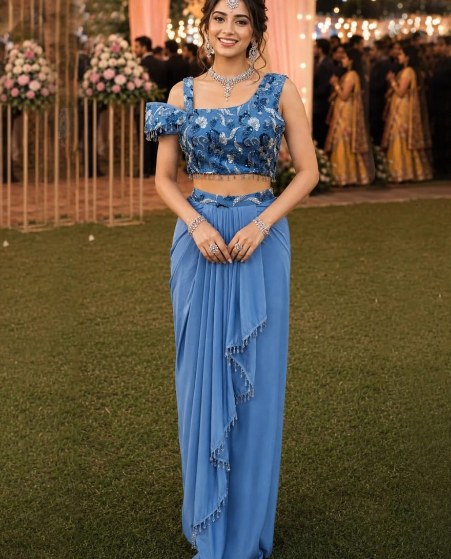 BLUE - Aqua Blue Lycra Beads and Embroidered Work Classic Saree for Ceremonial